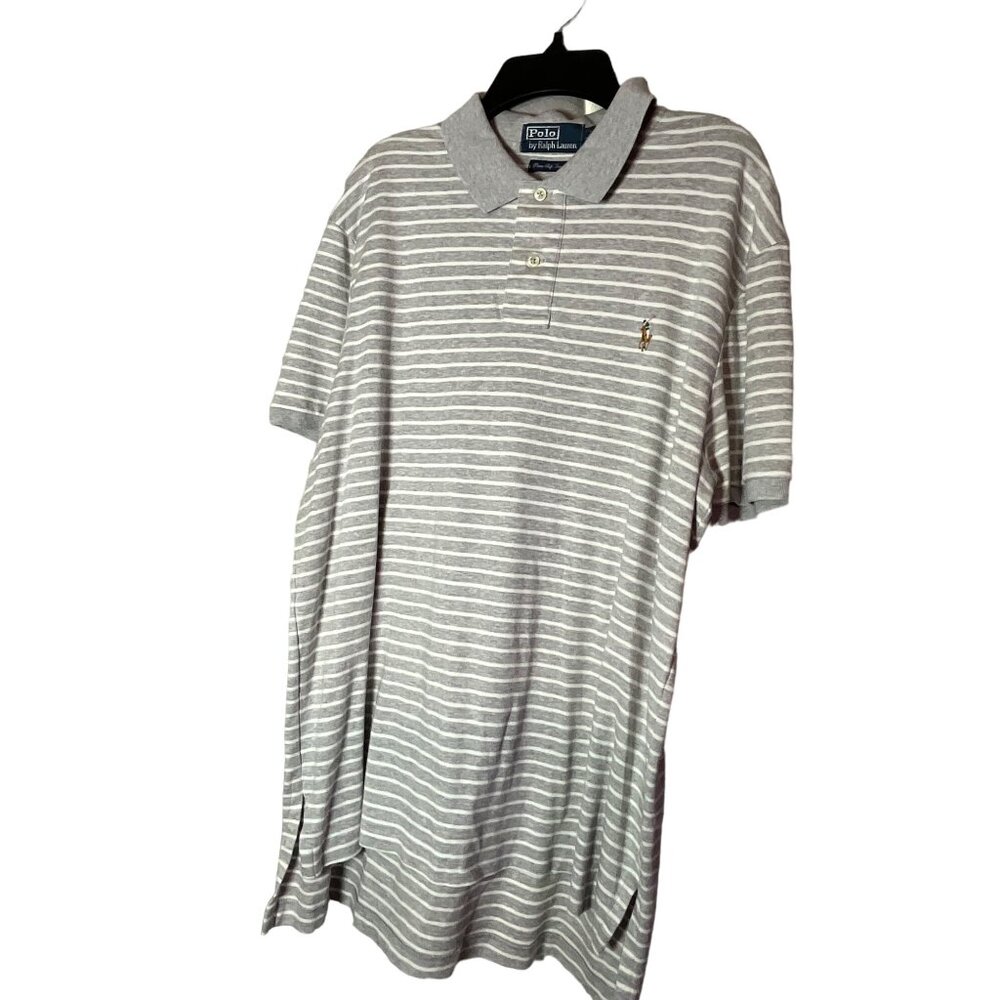 Polo Ralph Lauren Grey and White Striped Polo Shirt Men's Large‎